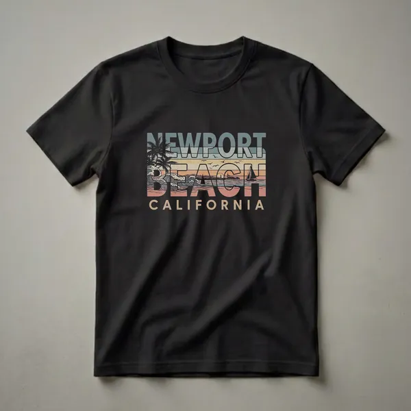 Black t-shirt with a retro graphic design for Newport Beach, California, featuring stylized text, palm trees, ocean waves, a sailboat, and a pier.