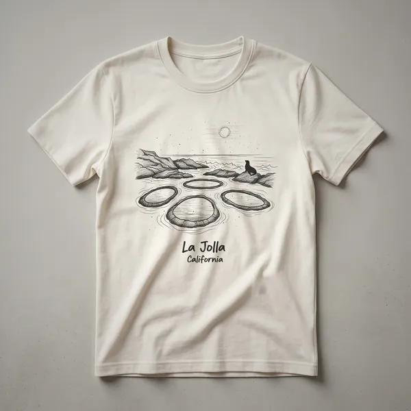Black graphic t-shirt featuring a sketch of the La Jolla, California coastline with sea caves and a sea lion on a rock under a moon.