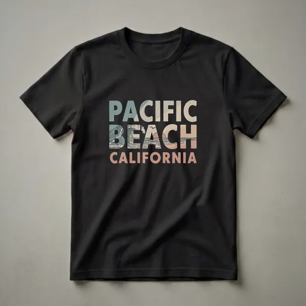 Black t-shirt with retro graphic text reading 'PACIFIC BEACH CALIFORNIA' featuring a stylized ocean wave and a sunset scene within the letters.