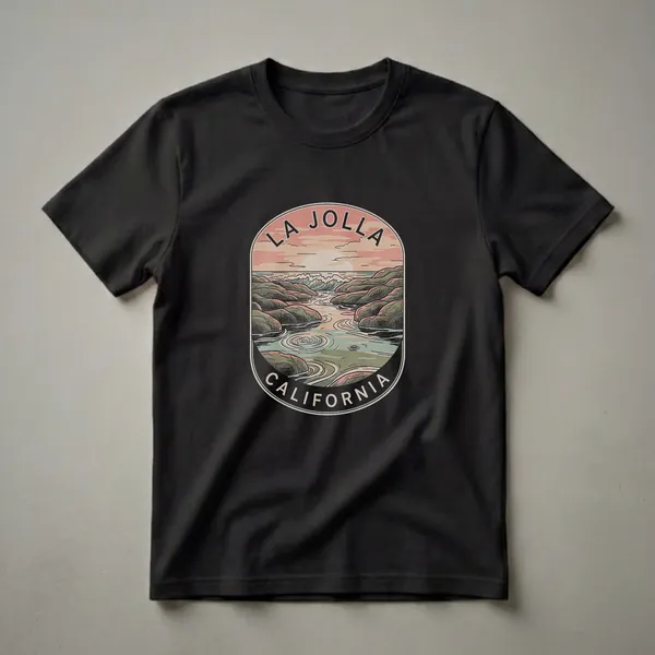 Retro La Jolla California graphic t-shirt featuring a sunset over the ocean with waves crashing on rocky shores, rendered in a vintage drawing art style.