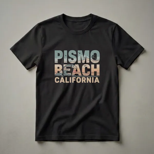 Black t-shirt with a retro graphic design that reads 'Pismo Beach California' with a wave, pelican, and sunset.
