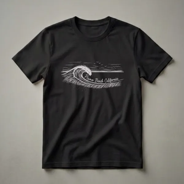 Black t-shirt featuring a vintage white line drawing of a breaking wave with 'Pismo Beach California' text, stylized clouds, and birds.