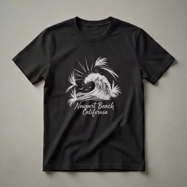 Black graphic t-shirt with a white line scratchboard illustration showing a large breaking ocean wave with palm fronds at the corners and seagulls, with script Newport Beach California text below.
