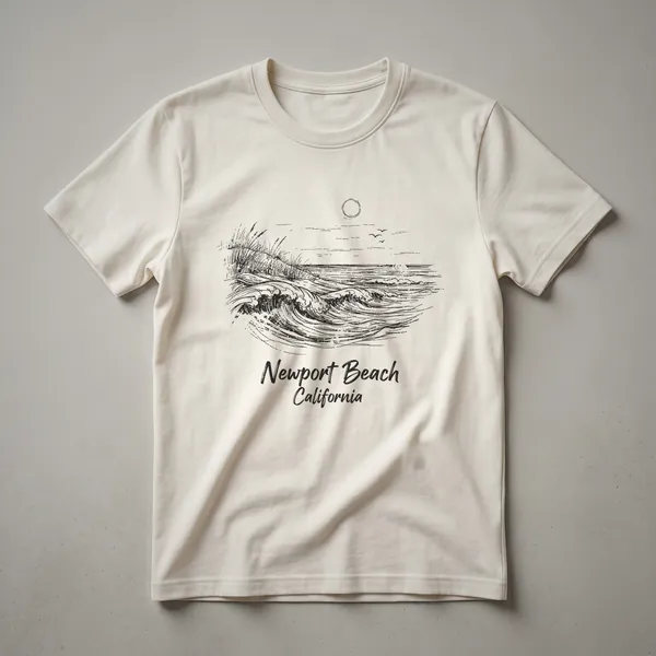 Black graphic t-shirt featuring a sketch of ocean waves, tall grass, a sun or moon, and birds, with 'Newport Beach California' text below.