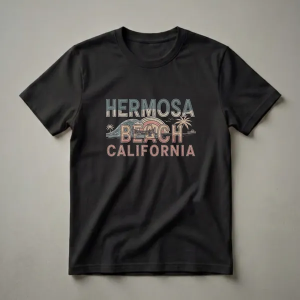 Black graphic t-shirt with a retro design that reads 'HERMOSA BEACH CALIFORNIA', featuring a stylized wave, sunset, palm trees, and a pier.