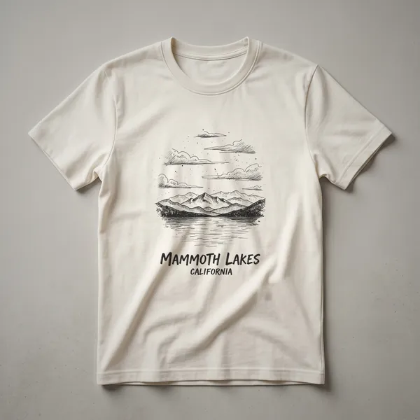 Black t-shirt with a sketch design of mountains and a lake under a cloudy sky, featuring the text 'Mammoth Lakes California'.