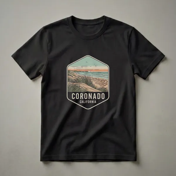 A retro hexagonal graphic t-shirt featuring a beach sunset scene with sand dunes, ocean waves, and the text 'CORONADO CALIFORNIA'.
