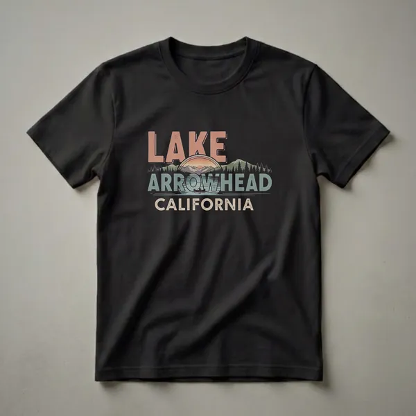 Black t-shirt with a retro graphic design that reads "LAKE ARROWHEAD CALIFORNIA" over a scene of mountains, pine trees, a lake with a canoe, and a sunset.