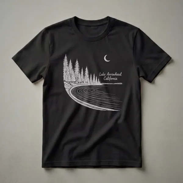 Black graphic t-shirt with a white line scratchboard illustration of Lake Arrowhead California at night showing a curved moonlit shoreline, rippling water, tall pine trees, and a crescent moon.