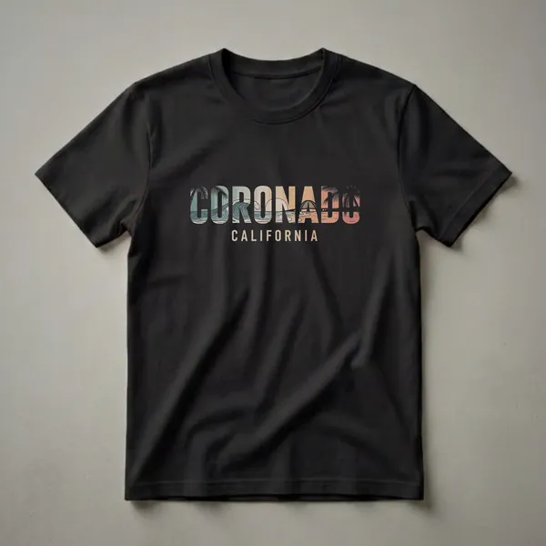 Retro graphic t-shirt with the word CORONADO filled with a beach scene including waves, palm trees, and a sunset, with CALIFORNIA printed below.