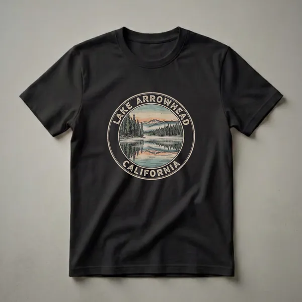 A black t-shirt featuring a circular retro graphic of Lake Arrowhead, California, with pine trees, a lake, and mountains.