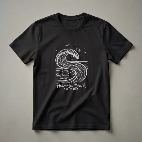 Black t-shirt featuring a vintage-style white graphic of a large crashing wave, seagulls, a setting sun, and the text 'Hermosa Beach CALIFORNIA'.