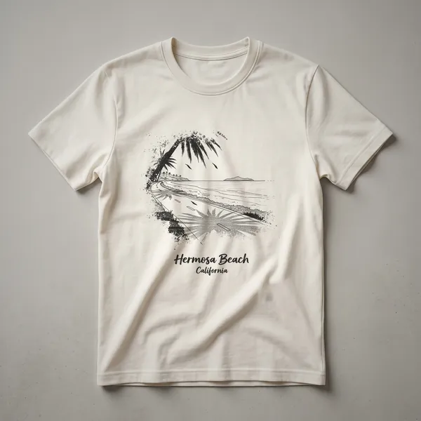 A black graphic t-shirt featuring a sketch of Hermosa Beach, California, with palm trees, a coastal road, and the ocean.