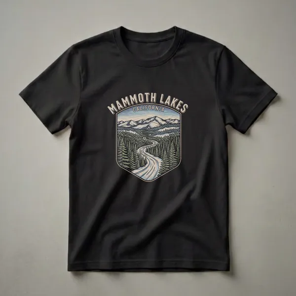 Retro graphic t-shirt featuring a winding road through a snow-covered pine forest with mountains in the background, with 'Mammoth Lakes California' text above.
