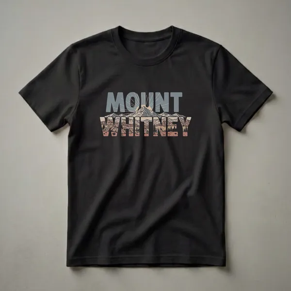 A graphic t-shirt featuring the words 'MOUNT WHITNEY' filled with a retro landscape design of mountains, desert plants, and pine trees under a sunburst.