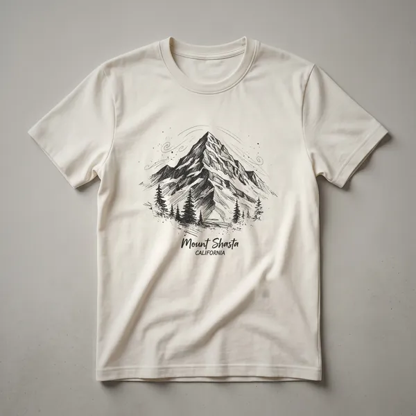Black graphic t-shirt featuring a sketch art design of Mount Shasta with pine trees and the text 'Mount Shasta California'.