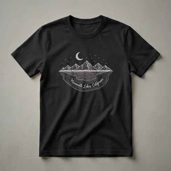 Black t-shirt with a white line drawing of the Mammoth Lakes, California landscape, including mountains, a lake, a crescent moon, and birds.
