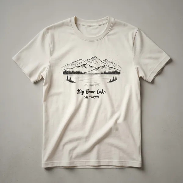 A black and white sketch art t-shirt design featuring the words 'Big Bear Lake CALIFORNIA' below a mountain range reflected in a lake, with pine trees.