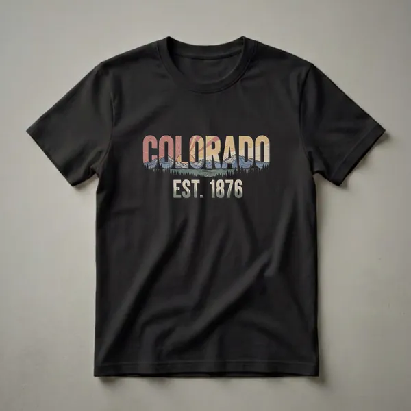 Black t-shirt featuring a retro graphic design with the word COLORADO filled with a mountain landscape and sunset, and EST. 1876 below.