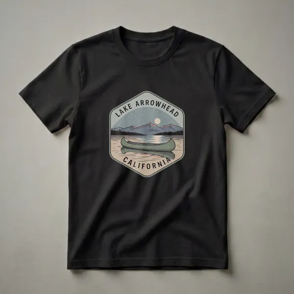 A graphic t-shirt featuring a hexagonal badge design with the text 'Lake Arrowhead California' surrounding a serene landscape of a canoe on a lake, mountains, and a starry night sky.