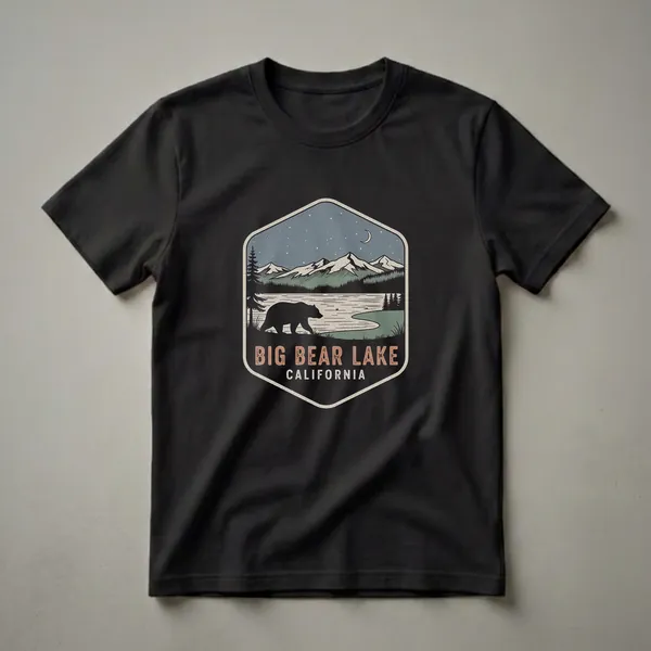 A black t-shirt featuring a retro graphic design of Big Bear Lake, California, with a bear, lake, mountains, pine trees, and a starry night sky.