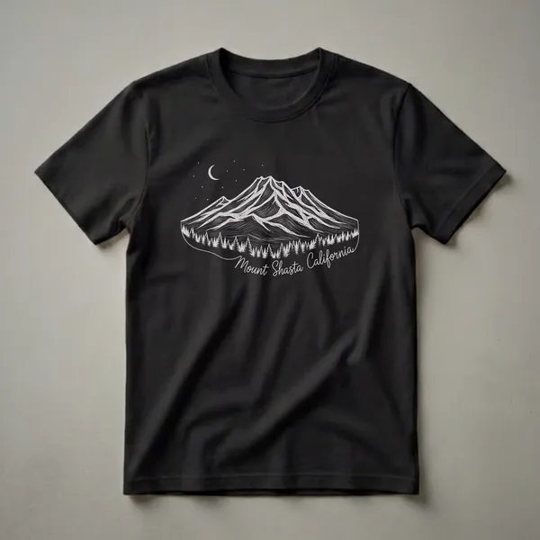 Black t-shirt featuring a vintage white line drawing of Mount Shasta at night, with a crescent moon, stars, and a pine forest, and the text 'Mount Shasta California'.