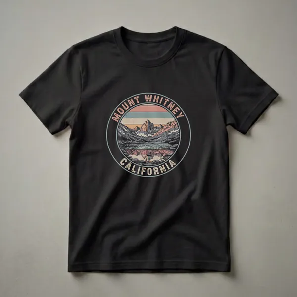 Retro graphic t-shirt featuring a circular design of Mount Whitney, California, with a lake reflection and a striped sunset background.