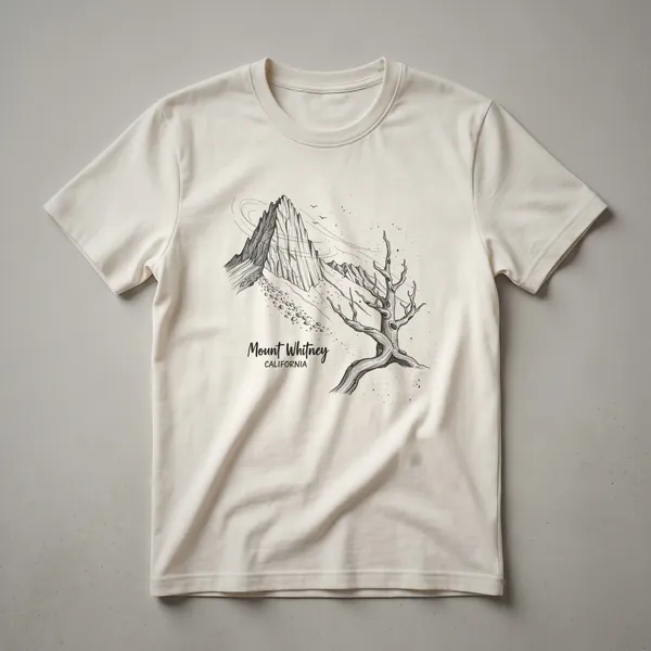 Black graphic t-shirt featuring a line art sketch of Mount Whitney, California, with a gnarled tree in the foreground and birds flying in the sky.