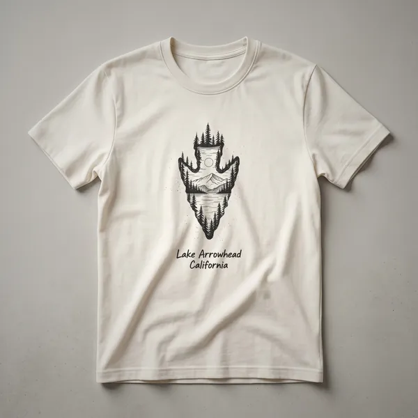 Black t-shirt with a sketch art design of an arrowhead filled with a forest, mountains, and a lake, with 'Lake Arrowhead California' text below.