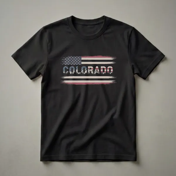 A graphic t-shirt design featuring the word COLORADO in bold letters, filled with a distressed American flag pattern and a silhouette of mountains and pine trees.