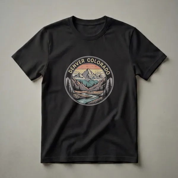 Retro circular graphic t-shirt featuring a vintage landscape scene of Denver, Colorado, with mountains, a winding river, pine trees, and a sunset sky.