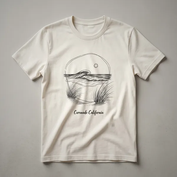 Black t-shirt with a white line art sketch of a wave crashing under a moon, with beach grass and the text 'Coronado California' below.