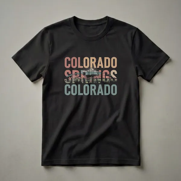 Black t-shirt with retro graphic design featuring 'COLORADO SPRINGS COLORADO' text over a mountain range with pine trees and a sunburst.