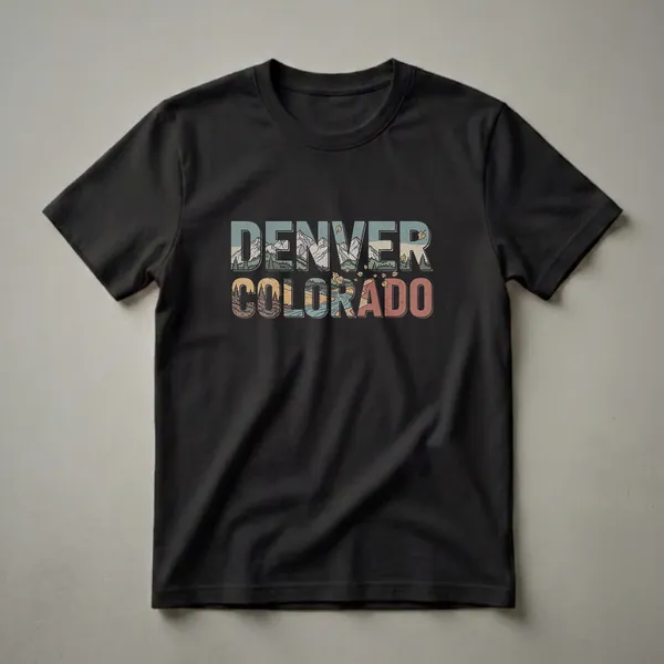 A black t-shirt featuring the words DENVER COLORADO in a retro, distressed font. The letters are filled with illustrations of mountains, pine trees, a river, and autumn leaves.