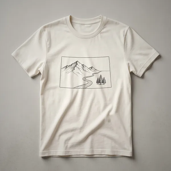 Black line art sketch of the Colorado state outline filled with mountains, a winding road, and pine trees on a white t-shirt.
