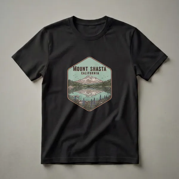 A retro graphic t-shirt featuring Mount Shasta, California, with a lake reflection, pine trees, and lupine flowers in a hexagonal design.