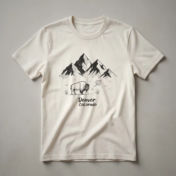 Black graphic t-shirt featuring a sketch of a bison in a grassy field with mountains and the text 'Denver Colorado'.