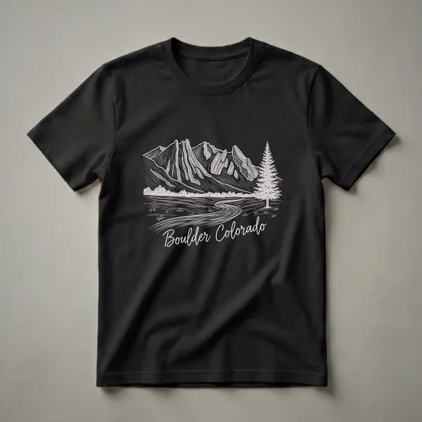 Black t-shirt featuring a vintage sketch art design of the Boulder, Colorado mountain landscape with a winding road, pine tree, and the text 'Boulder Colorado'.