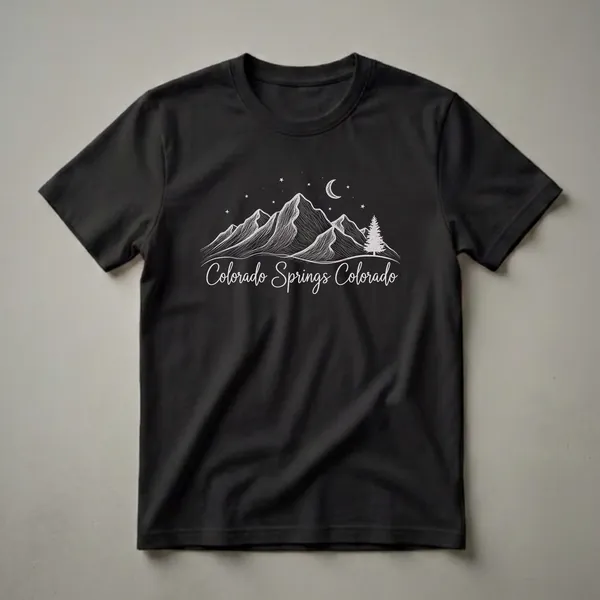 Black t-shirt featuring a sketch-style graphic of mountains under a night sky with a crescent moon, stars, and a pine tree, with the text 'Colorado Springs Colorado'.