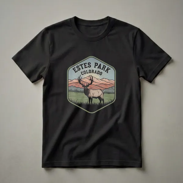Retro graphic t-shirt featuring a bull elk in front of layered mountains and a sunburst, with 'ESTES PARK COLORADO' text, on a black background.