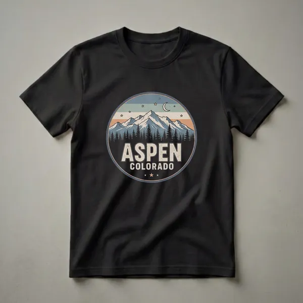 A retro graphic t-shirt featuring a circular design with the words 'ASPEN COLORADO' above a pine forest and mountain range under a starry night sky with a moon.