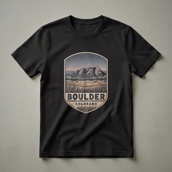 Retro Boulder Colorado graphic t-shirt featuring the Flatirons mountains at dusk with a starry sky, moon, water, and tall grass.