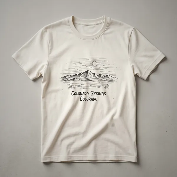 Black graphic t-shirt featuring a sketch art design of mountains under a moonlit sky, with the text 'COLORADO SPRINGS COLORADO' below.