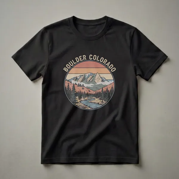 Retro Boulder Colorado graphic t-shirt featuring the Flatirons mountains, a winding river, and pine trees in a circular, distressed design.