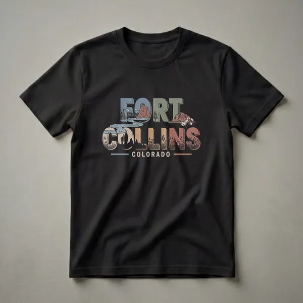 Black t-shirt with a retro graphic design spelling out "FORT COLLINS COLORADO" with integrated mountain, river, hiker, and wildflower imagery.