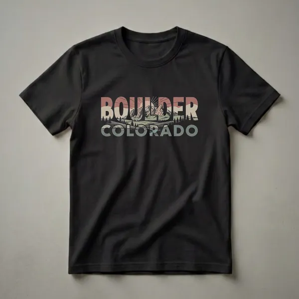 Retro Boulder Colorado graphic t-shirt with a vintage mountain landscape design featuring pine trees and a sunrise.