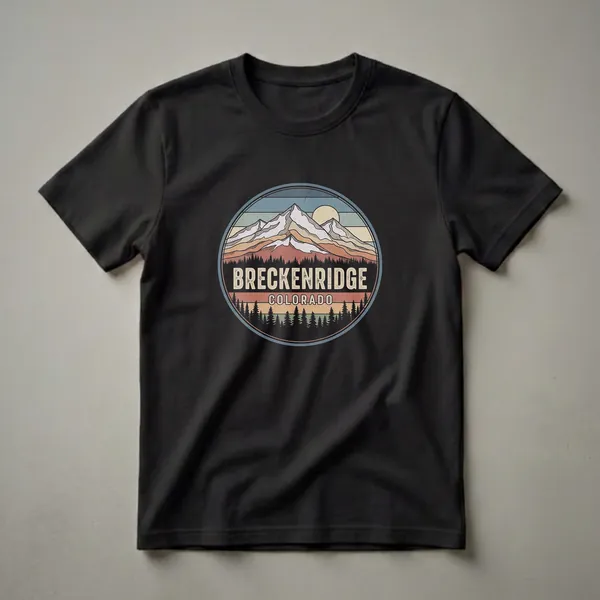 Retro Breckenridge Colorado mountain landscape graphic t-shirt with pine trees and a sun, featuring distressed text.
