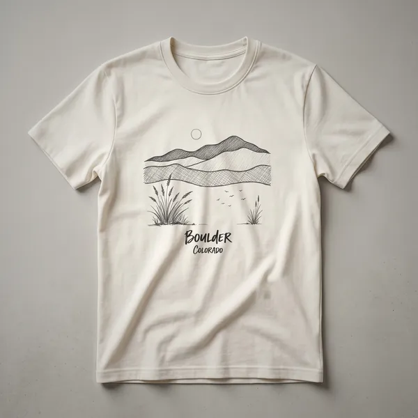 A black graphic t-shirt featuring a sketch of rolling hills, a sun, grass, and birds, with 'Boulder Colorado' written below.