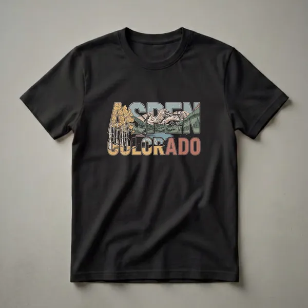Black t-shirt with a retro graphic design that says ASPEN filled with aspen trees and mountains, and COLORADO filled with a lake and mountains.