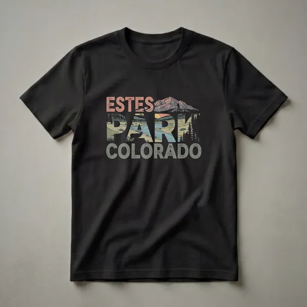 Black graphic t-shirt with bold retro stacked Estes Park Colorado lettering filled with mountain scenery, pine forest, river valley, and an elk silhouette in rust, olive, gold, and teal tones.
